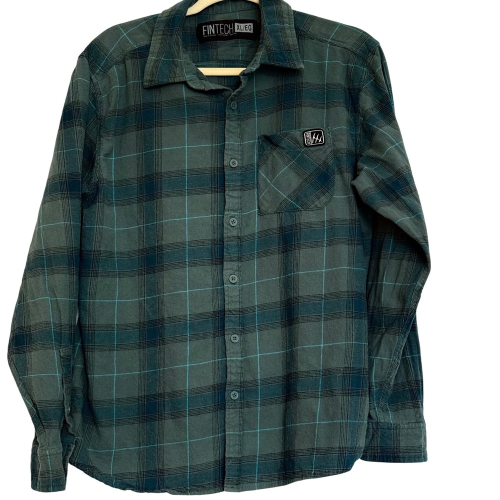 Fintech Drake Mens XL Tall Plaid Flannel Button‎ Shirt Green Blue